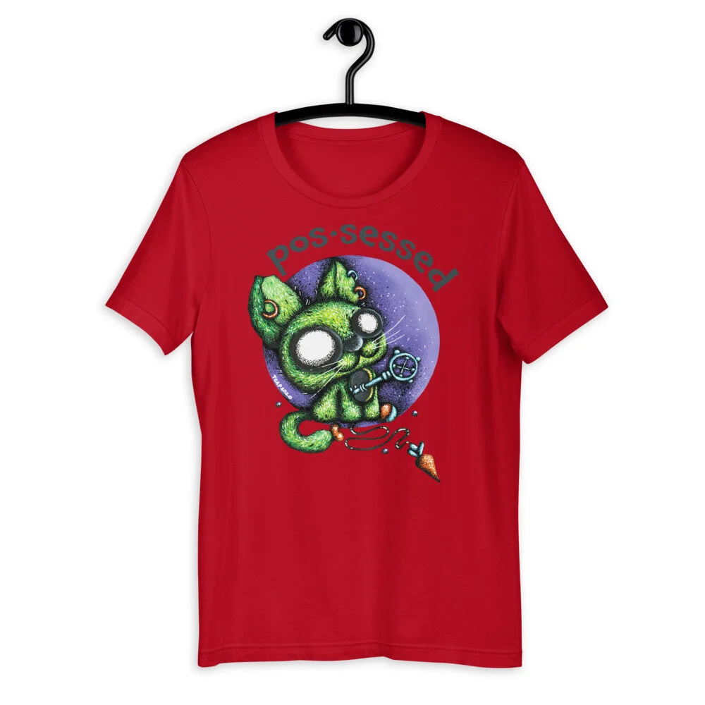red t-shirt with green zombie cat print and possessed word