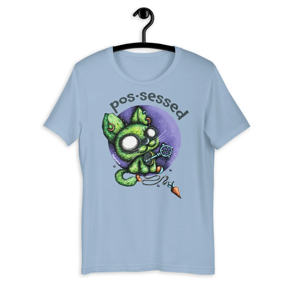 light blue t-shirt with green zombie cat print and possessed word