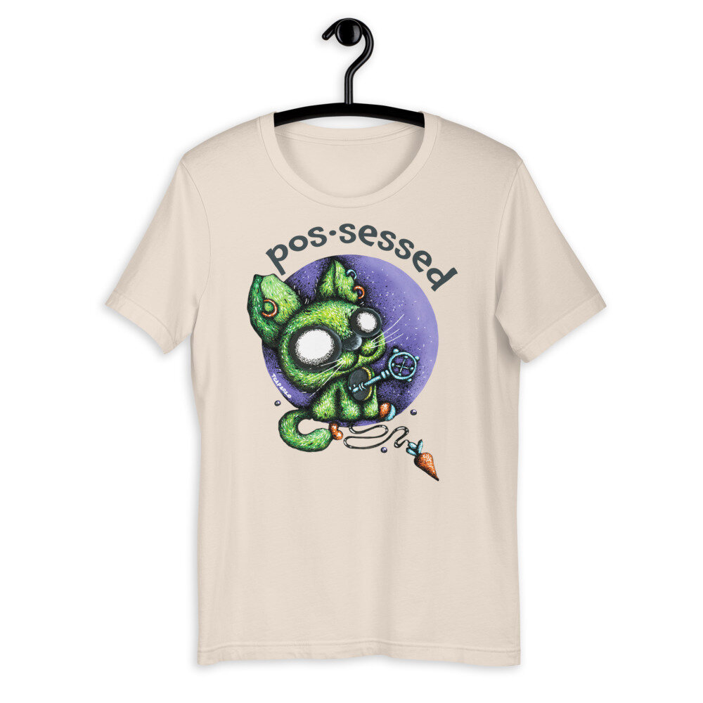soft cream t-shirt with green zombie cat print and possessed word