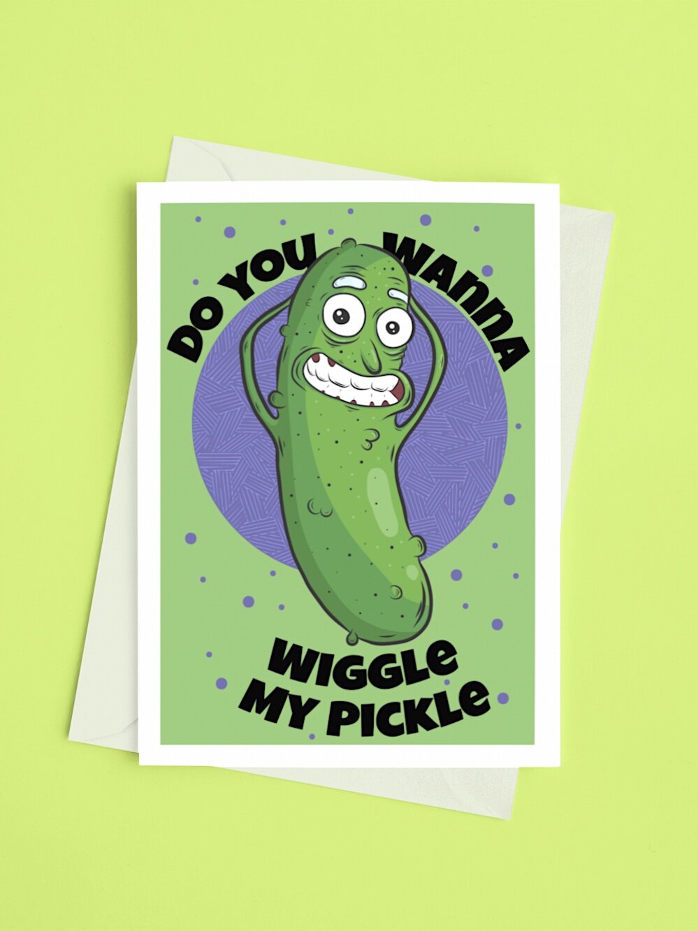 Valentine's Day greeting card featuring funny pickle and words "Do you wanna wiggle my pickle?" on light green background