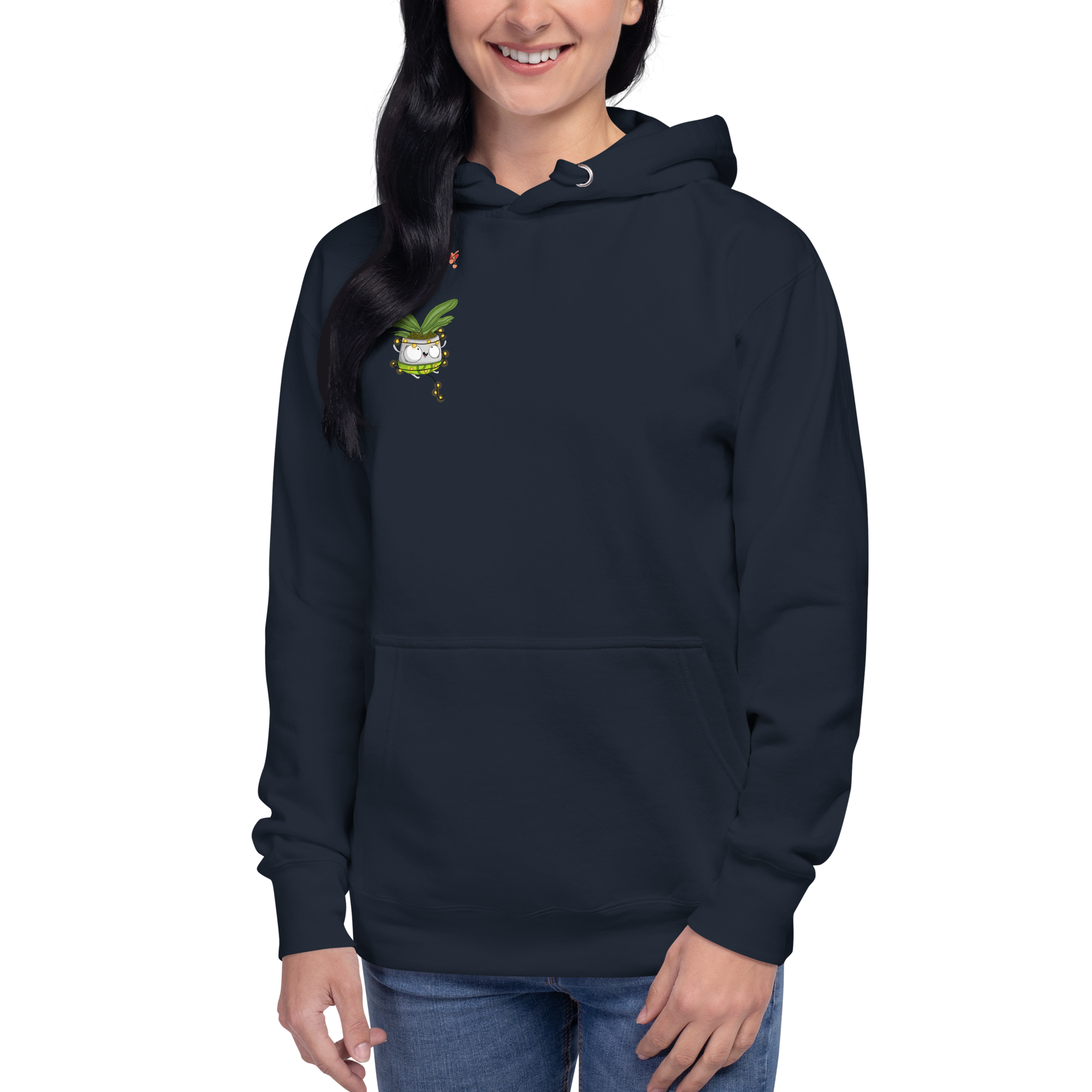 the girl dressed in the navy Christmas hoodie featuring a cute orchid cartoon character and the words "All I want for Christmas is more Phals"