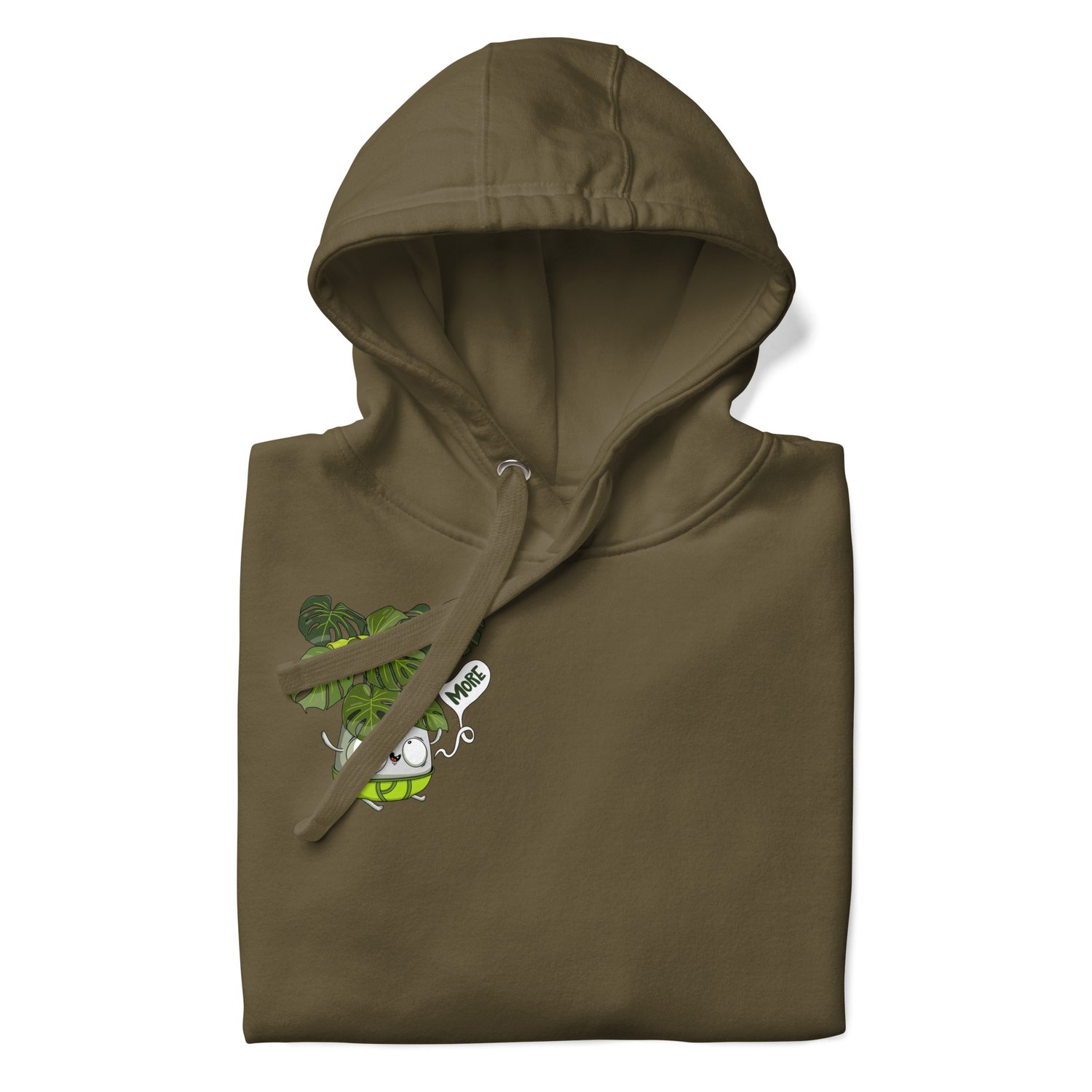 folded military green Christmas hoodie featuring a cute Monstera Deliciosa plant in a pot with the playful phrase "All I want for Christmas is more plants"