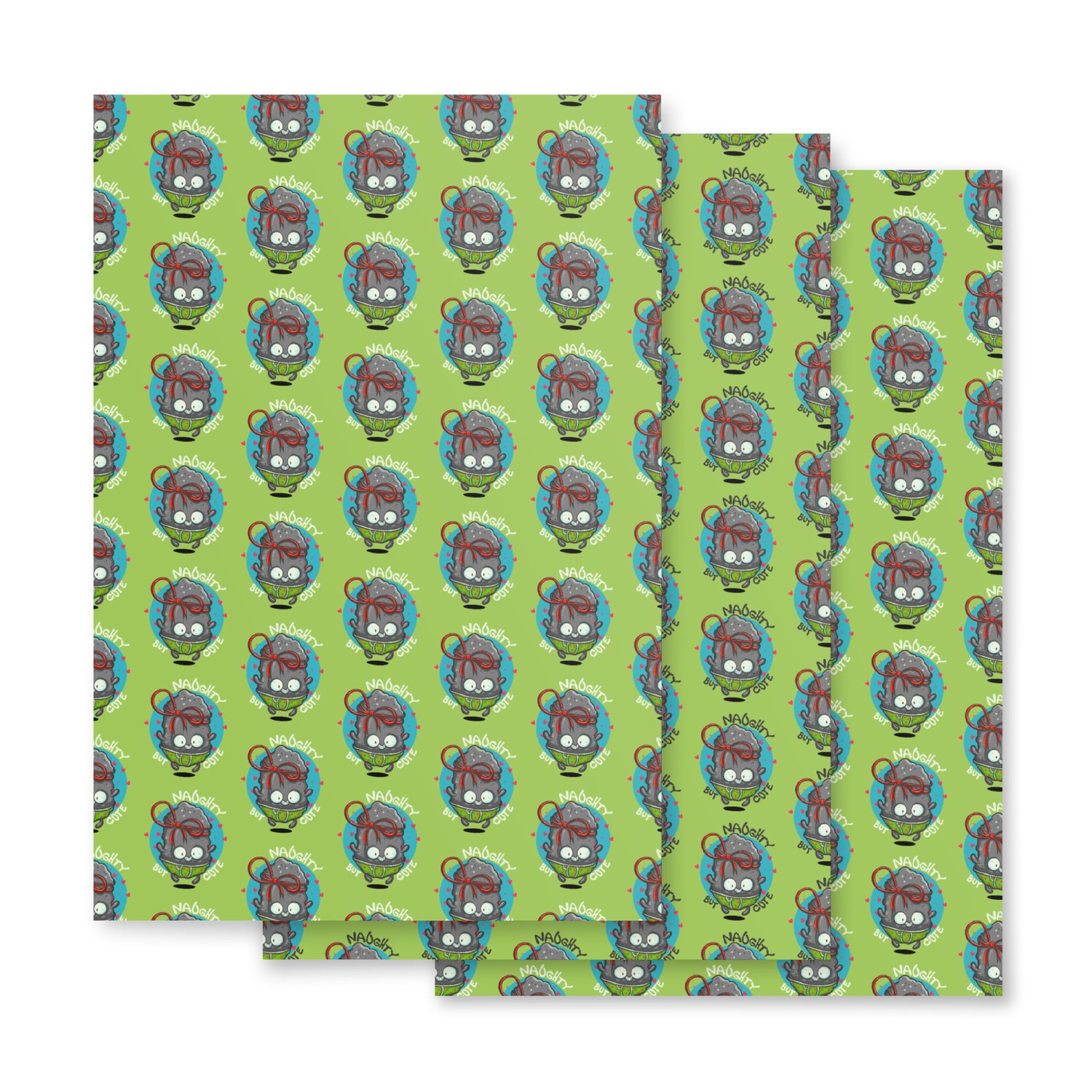 three sheets of a Christmas wrapping paper featuring an adorable charcoal cartoon character with a mischievous grin