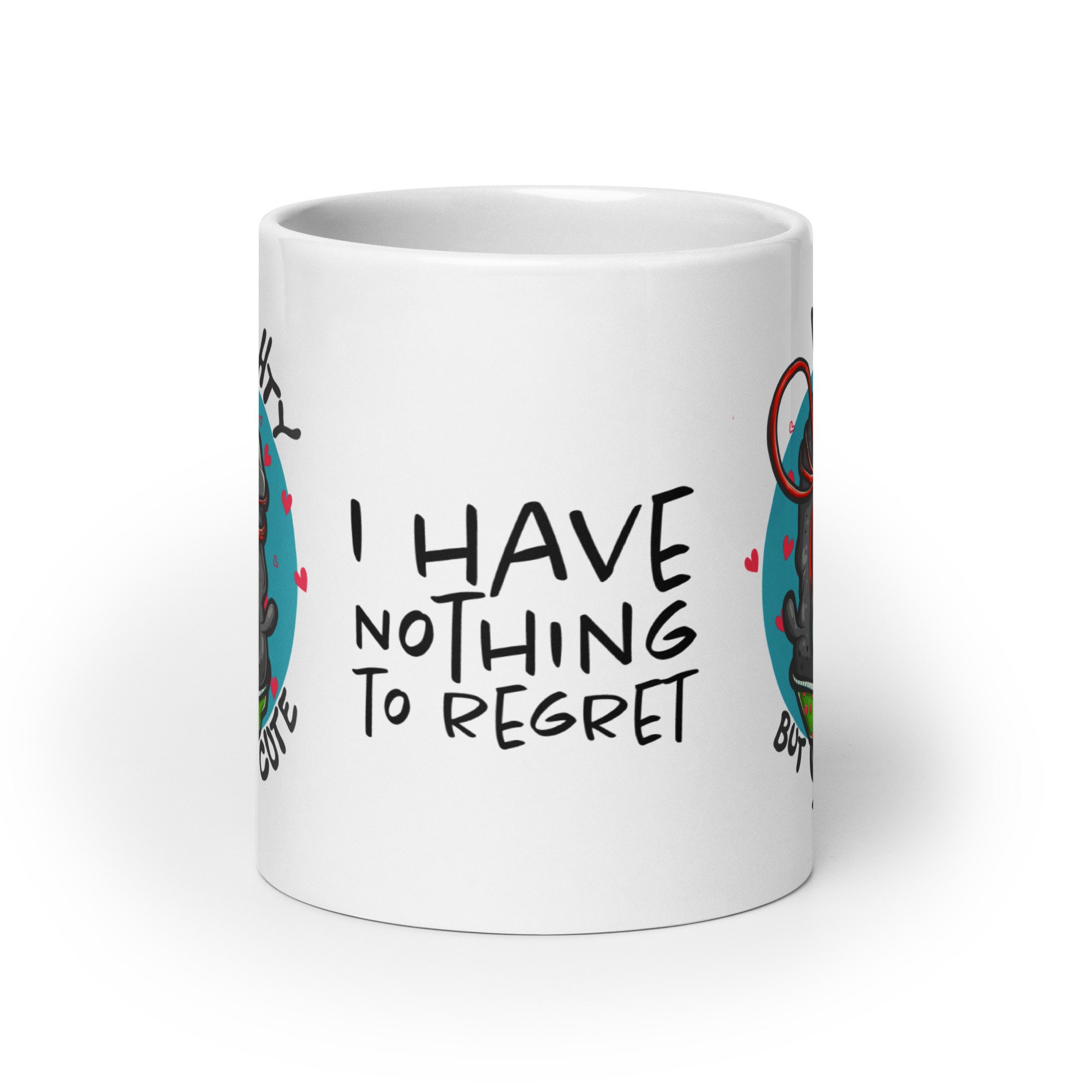 front side of a big white glossy festive ceramic mug features a charming charcoal cartoon character with a mischievous wink