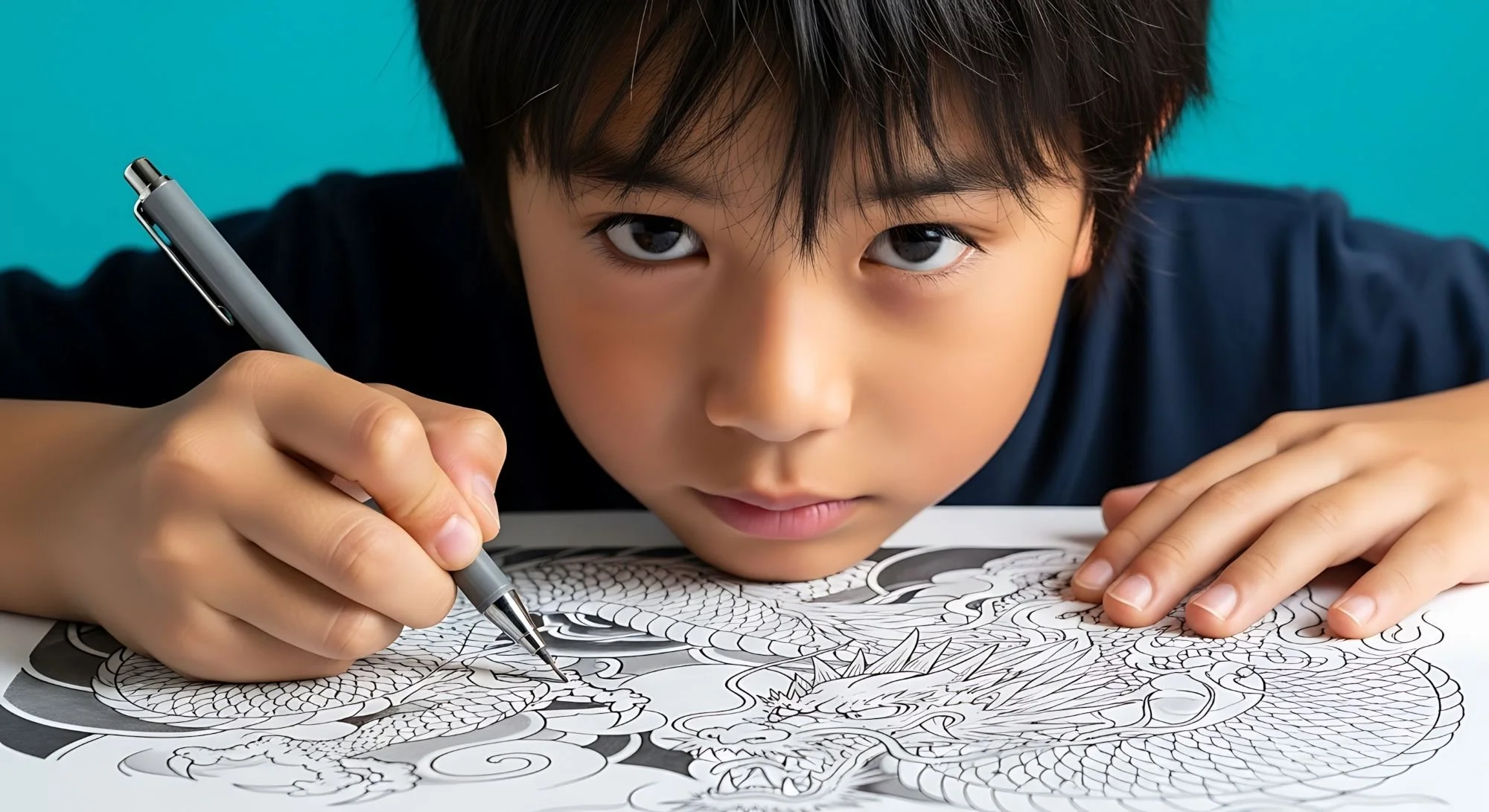 Asian kid drawing in a coloring book featuring an asian dragon