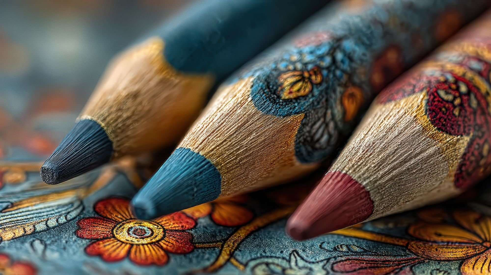 coloring pencils laying down on floral pattern coloring book