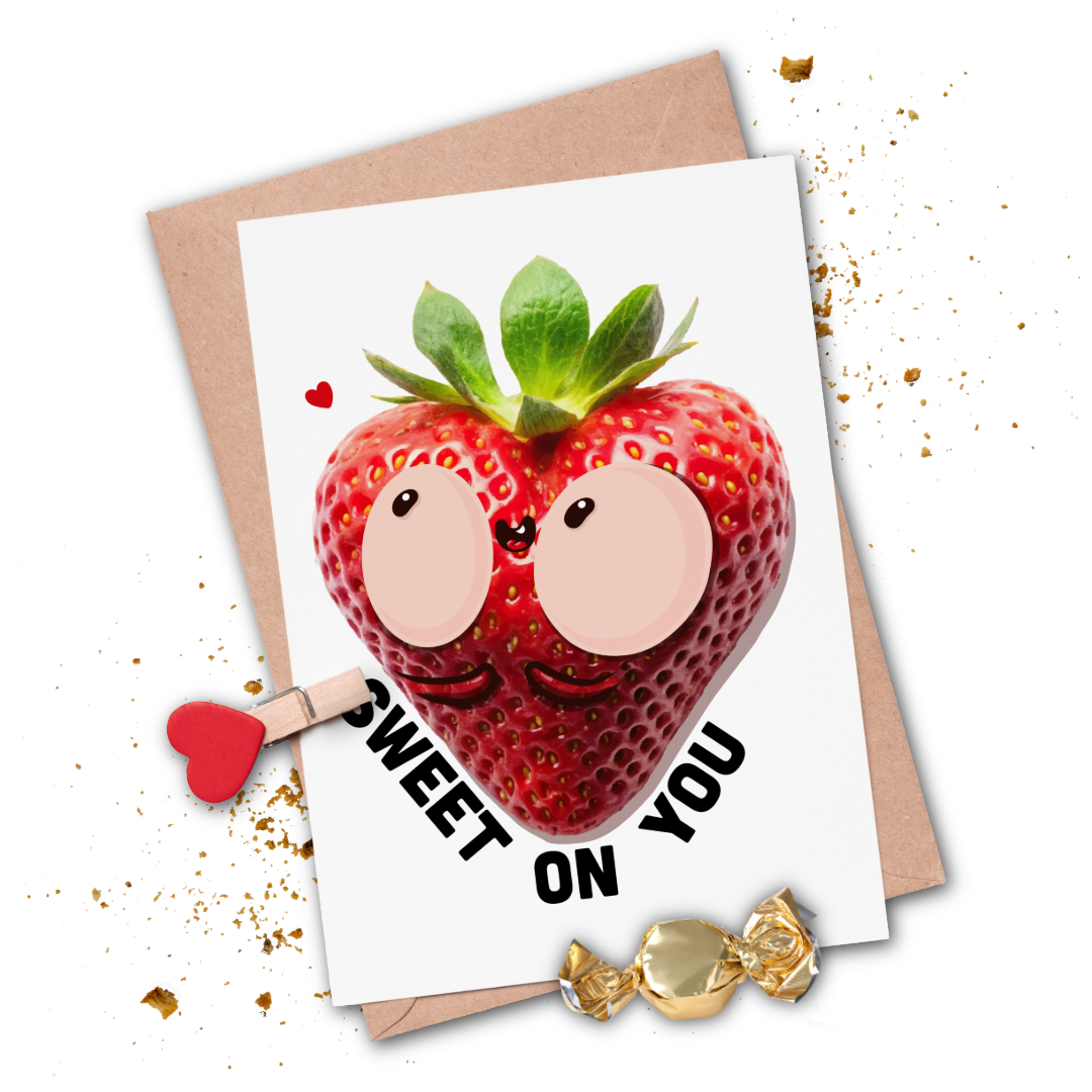"Sweet On You" Funny Strawberry Valentine's Card | Printable Digital Download | Whimsical Pun Card for Kids, School, & Partners