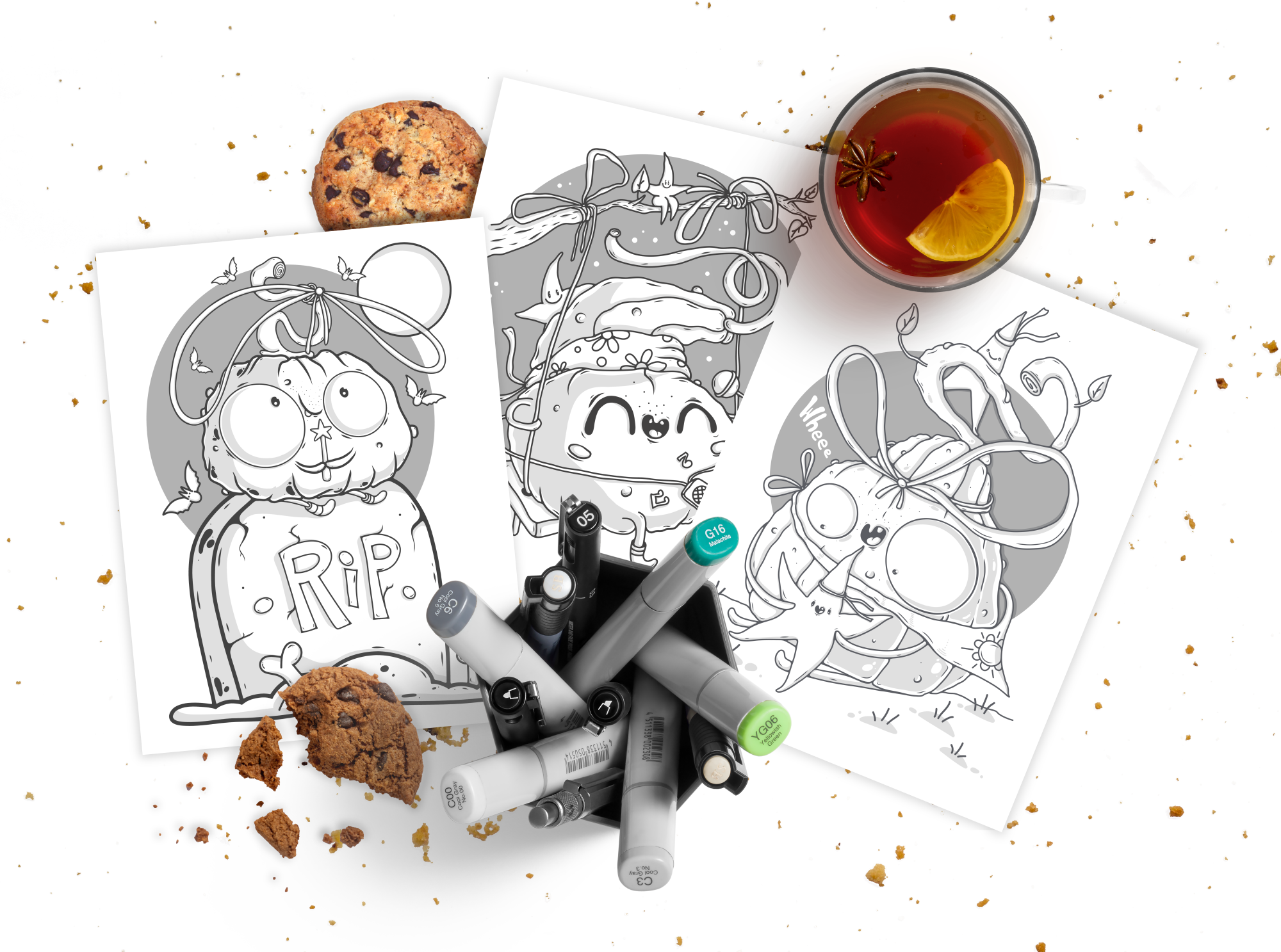 tree coloring pages featuring cozy cartoon pumpkins surrounded by markers and cookies