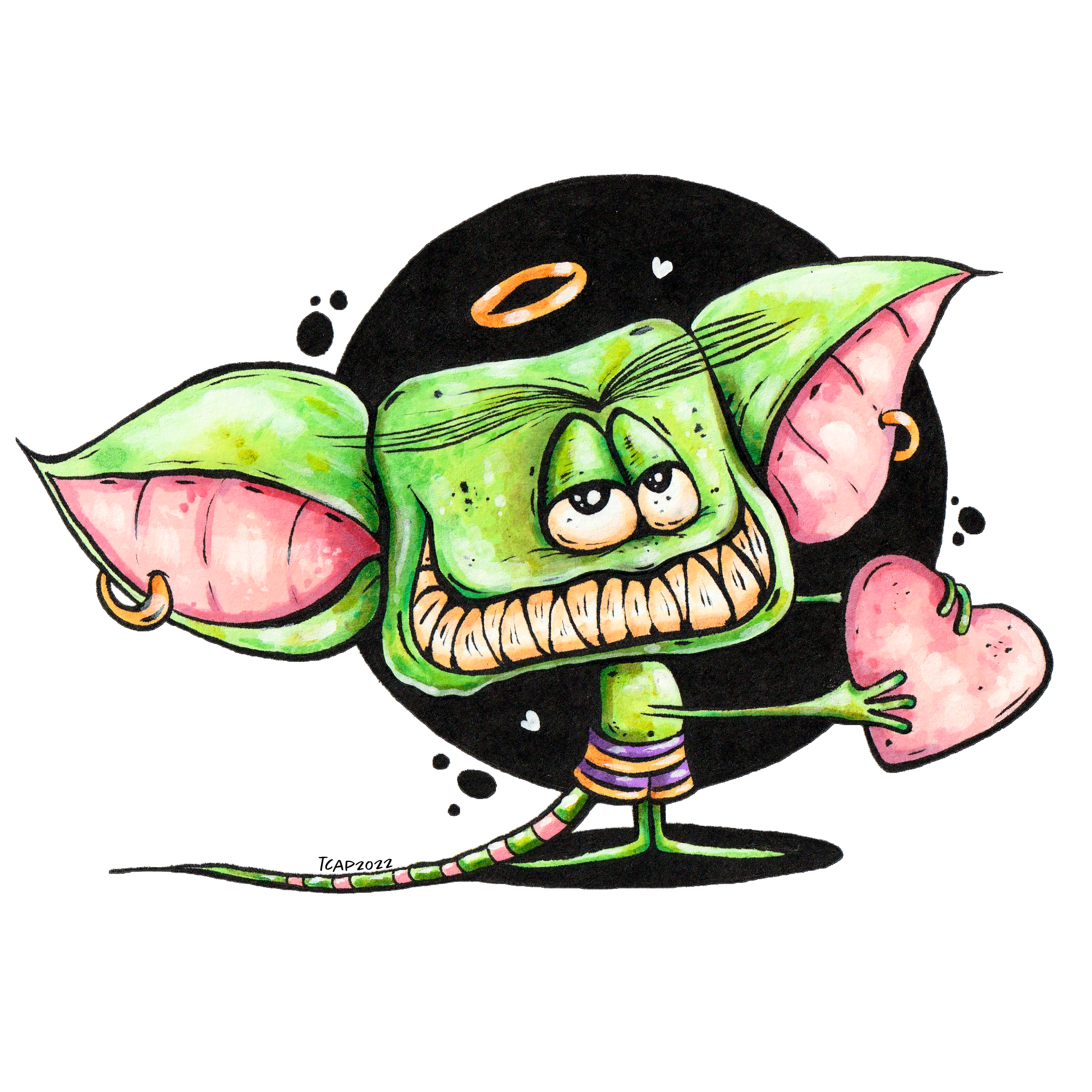 Gremlin with heart kawaii Valentine's Day illustration by Twocatsandpossum