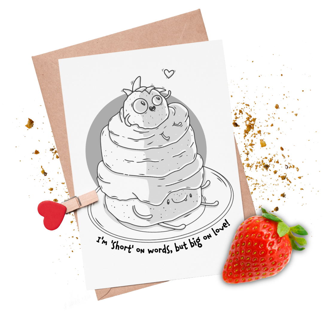 "Short on Words" Strawberry Shortcake Valentine Coloring Card | DIY Printable Digital Download | Funny Food Pun Card for Kids & Adults