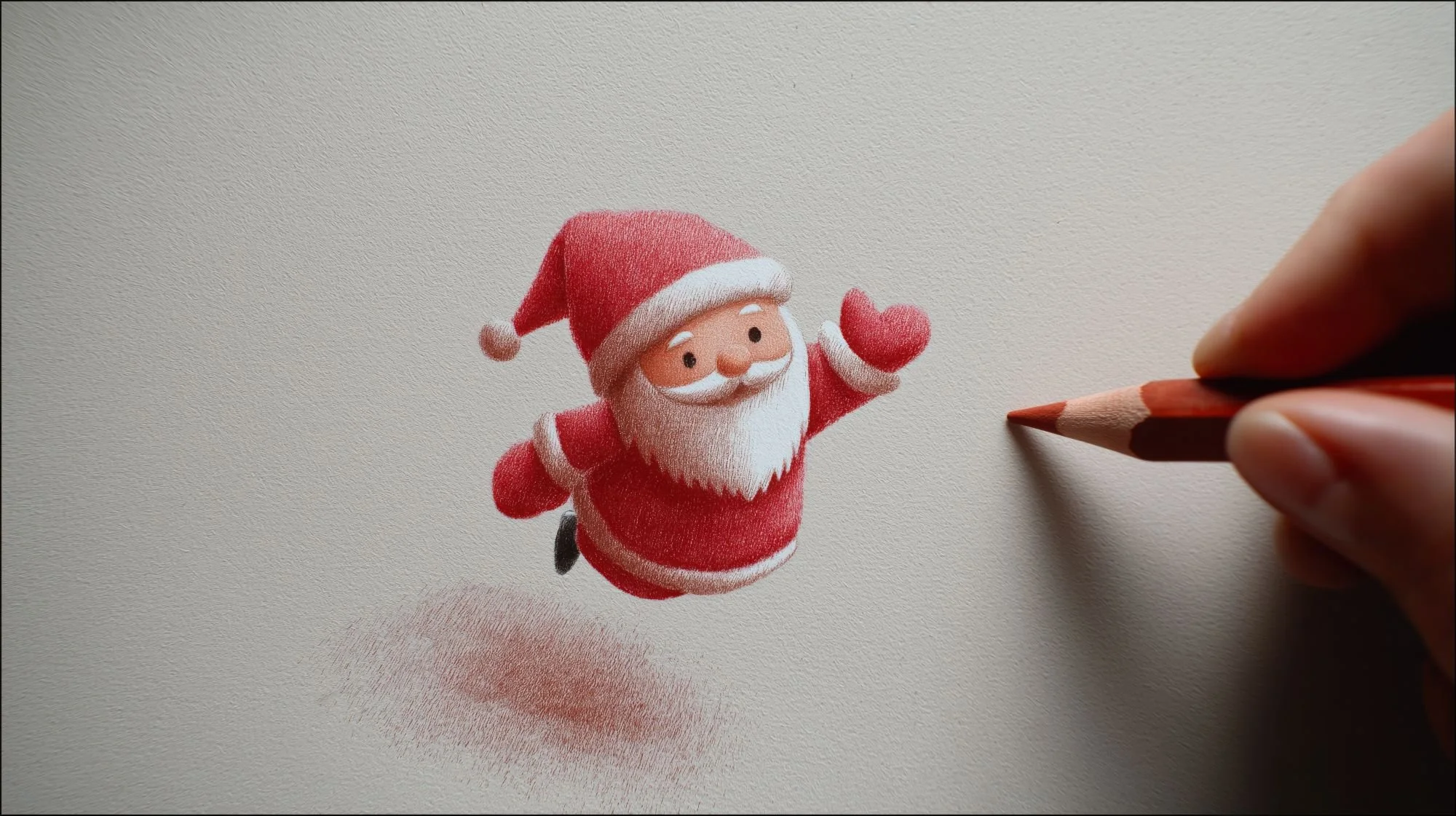 hand with red pencil drawing cute cartoon Santa Claus