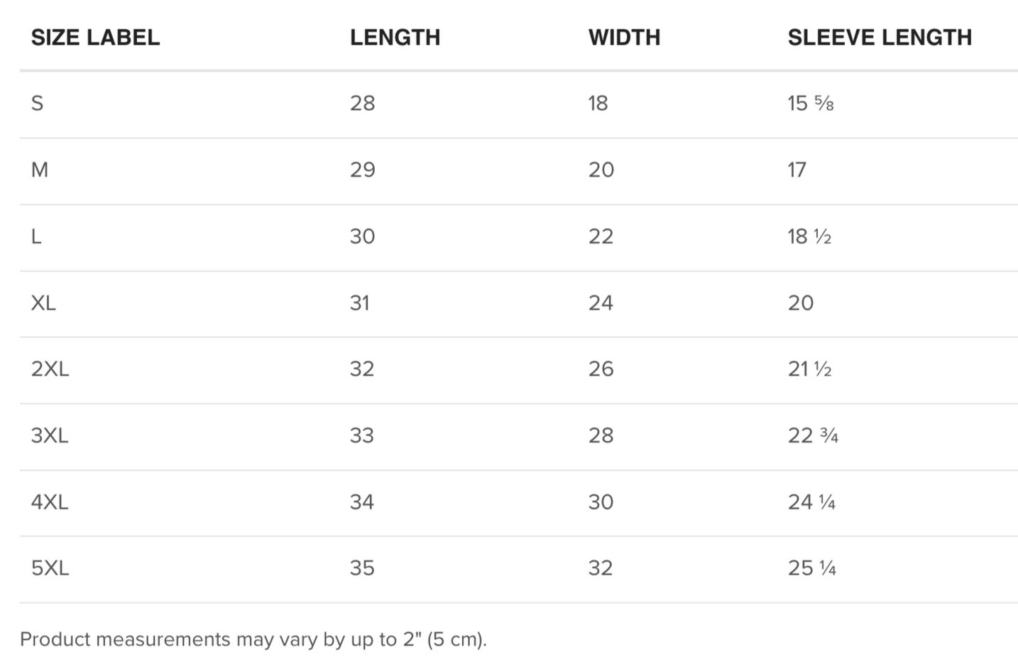 gildan 5000 t-shirt size guide