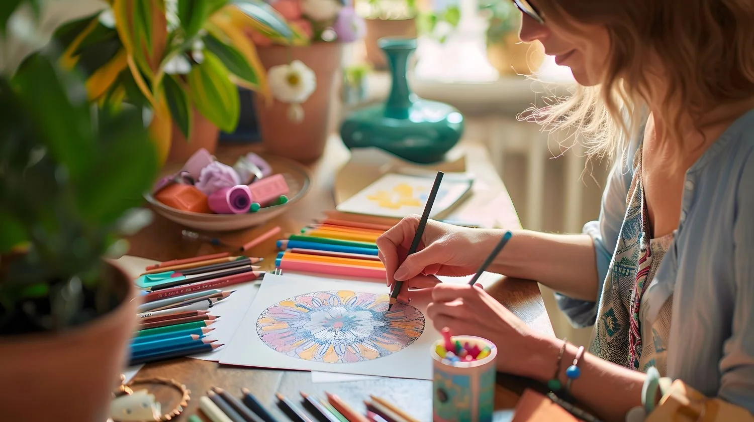 Woman coloring with pencils in a coloring book in a cozy room