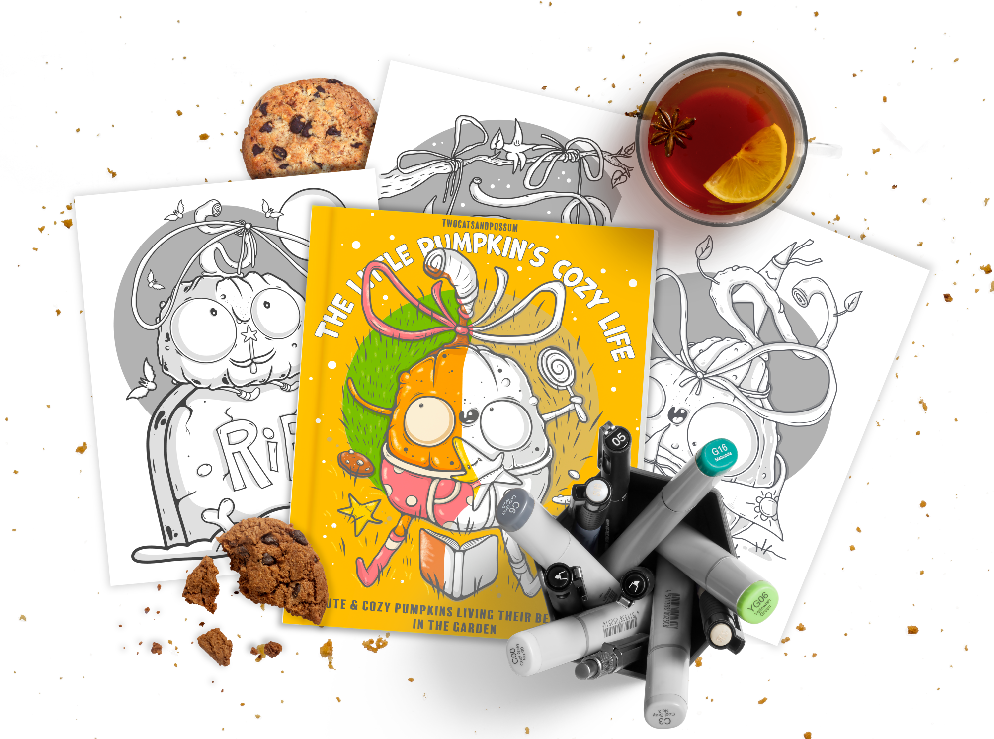 cozy coloring book by Twocatsandpossum surrounded of coloring pages featuring cartoon pumpkins, cup of tea and cookies