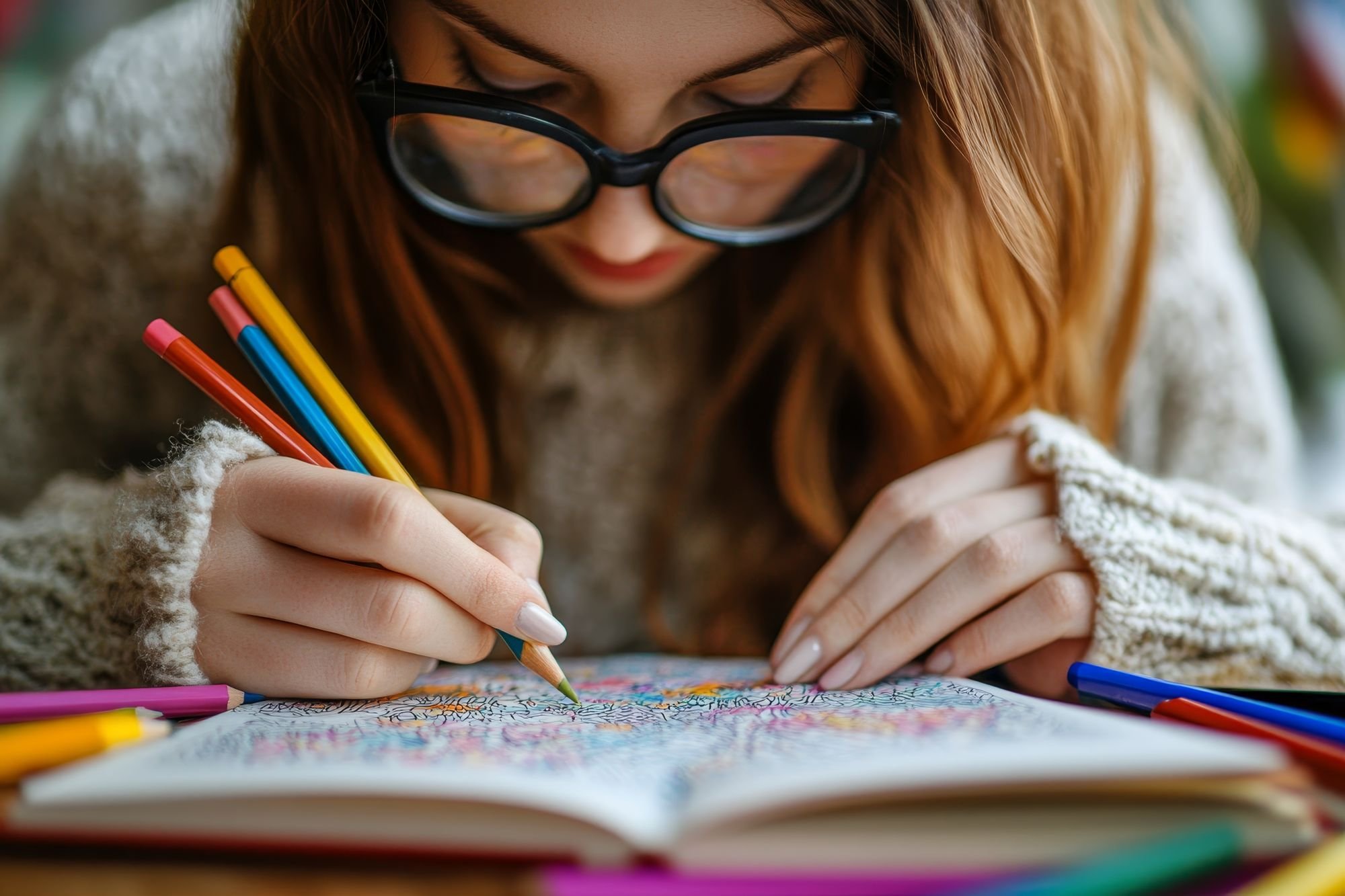 Aperson coloring in coloring book with pencils