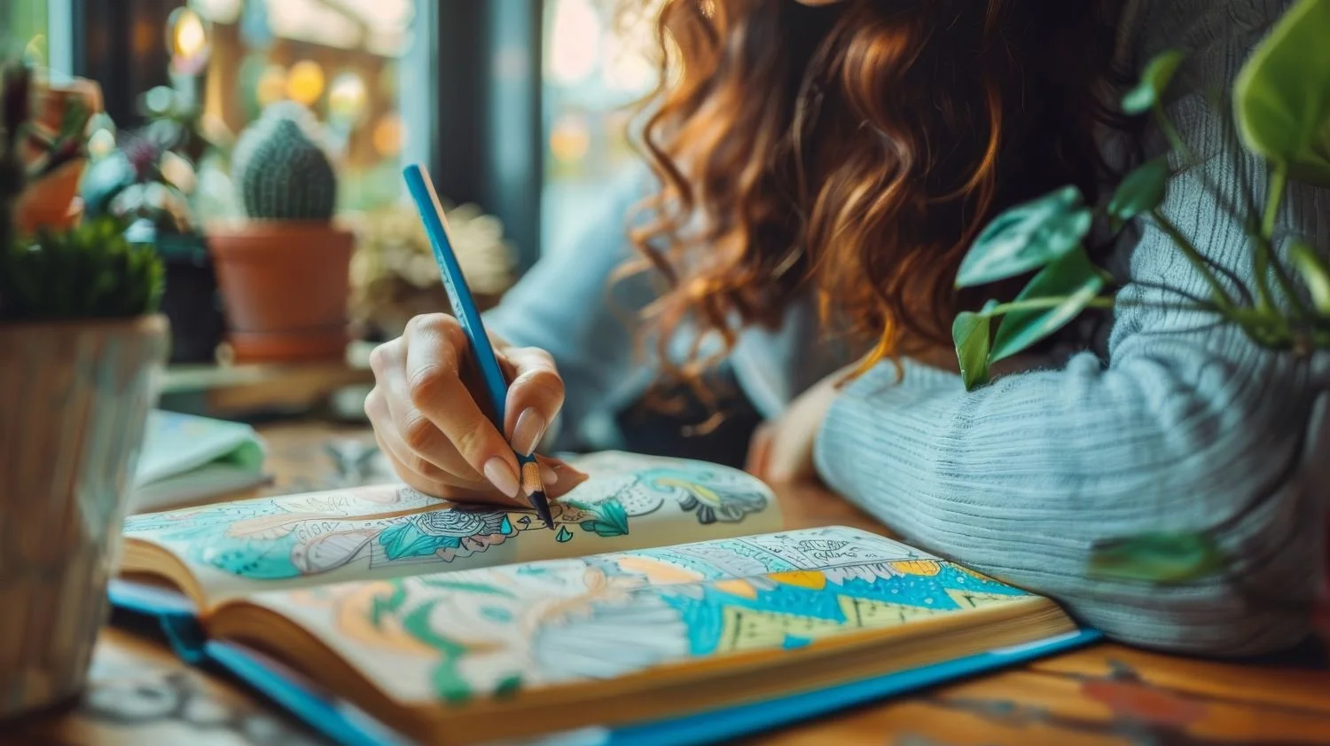 Person sitting on table and coloring with pencils in a coloring book