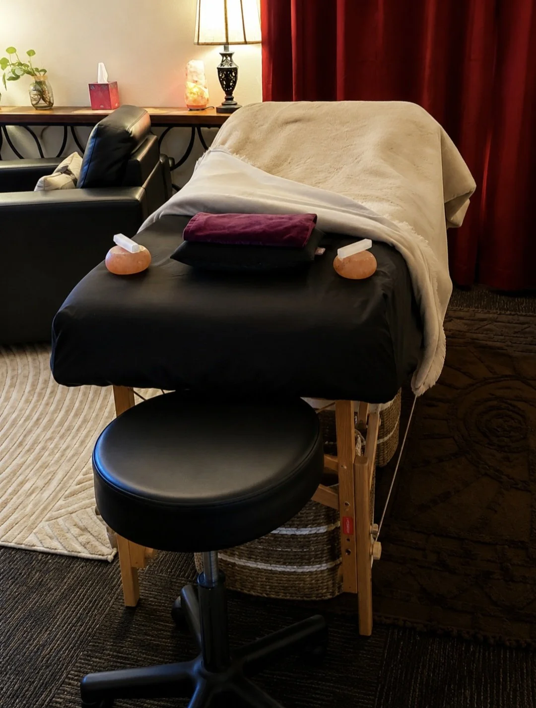 luxury energy healing treatment table prepared for a monthly membership session in Westminster, Colorado