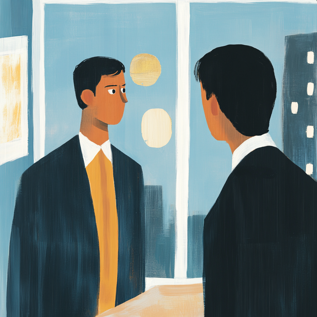 A successful executive in a sleek London office, staring at their reflection in the glass window. A subtle expression of doubt, juxtaposed with external confidence. by Isabelle Arsenault