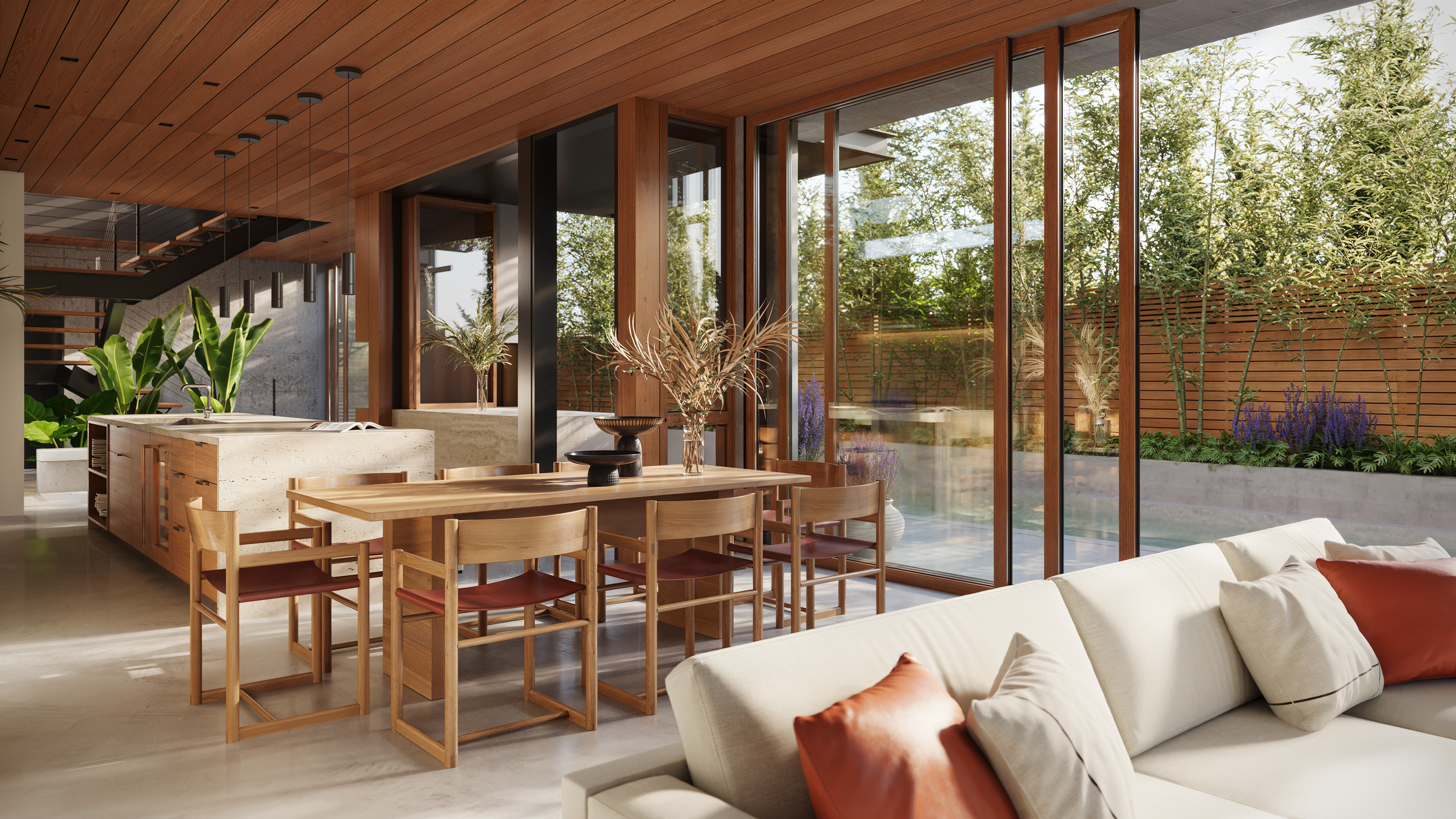 Modern open-concept living and dining area with large glass sliding doors, wooden ceiling, indoor plants, and view of outdoor garden.