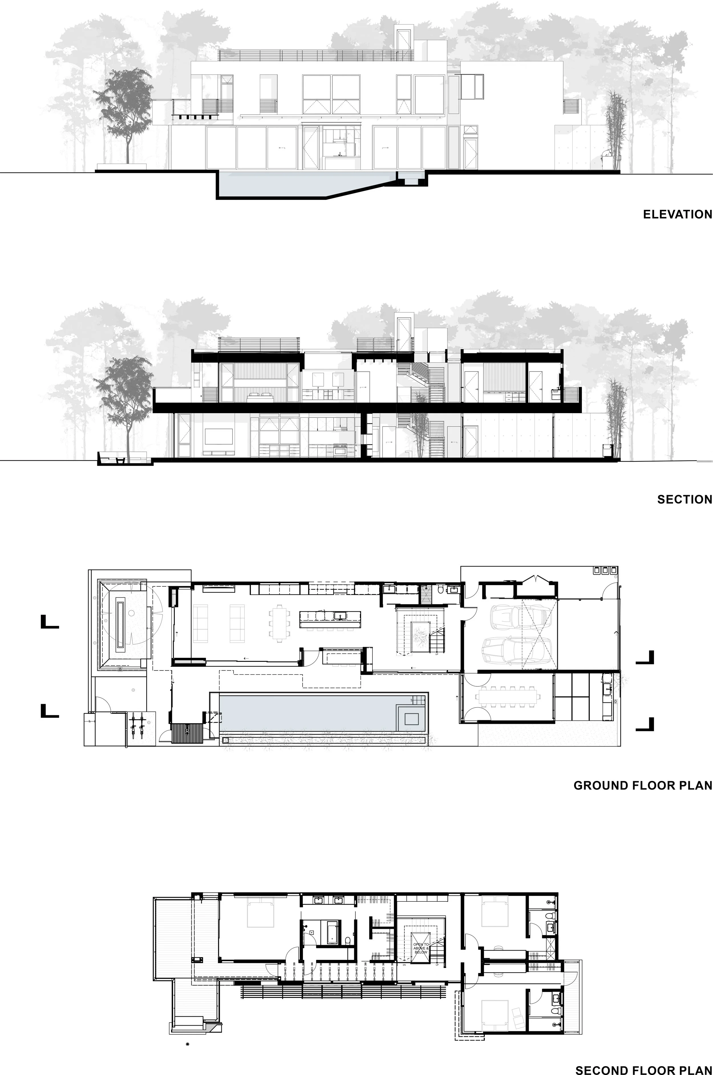 Blueprints of a multi-story modern house, including elevation view, cross section, and floor plans for ground and second floors, with interior details and layout.