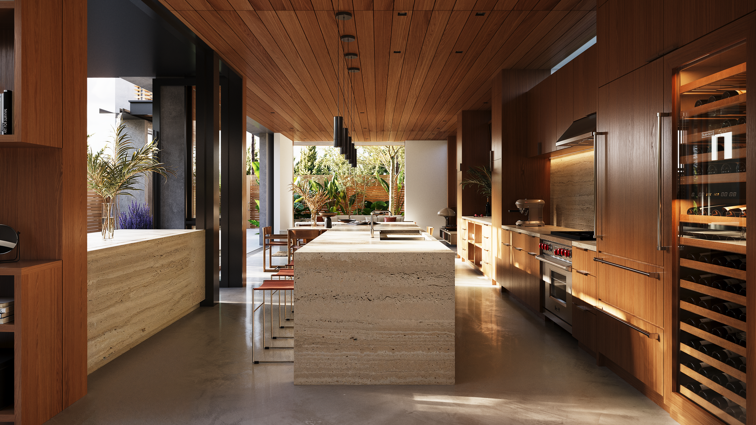 Modern kitchen with wooden cabinets, a large island with a marble countertop, wine storage on the right, and a view of a lush outdoor garden.
