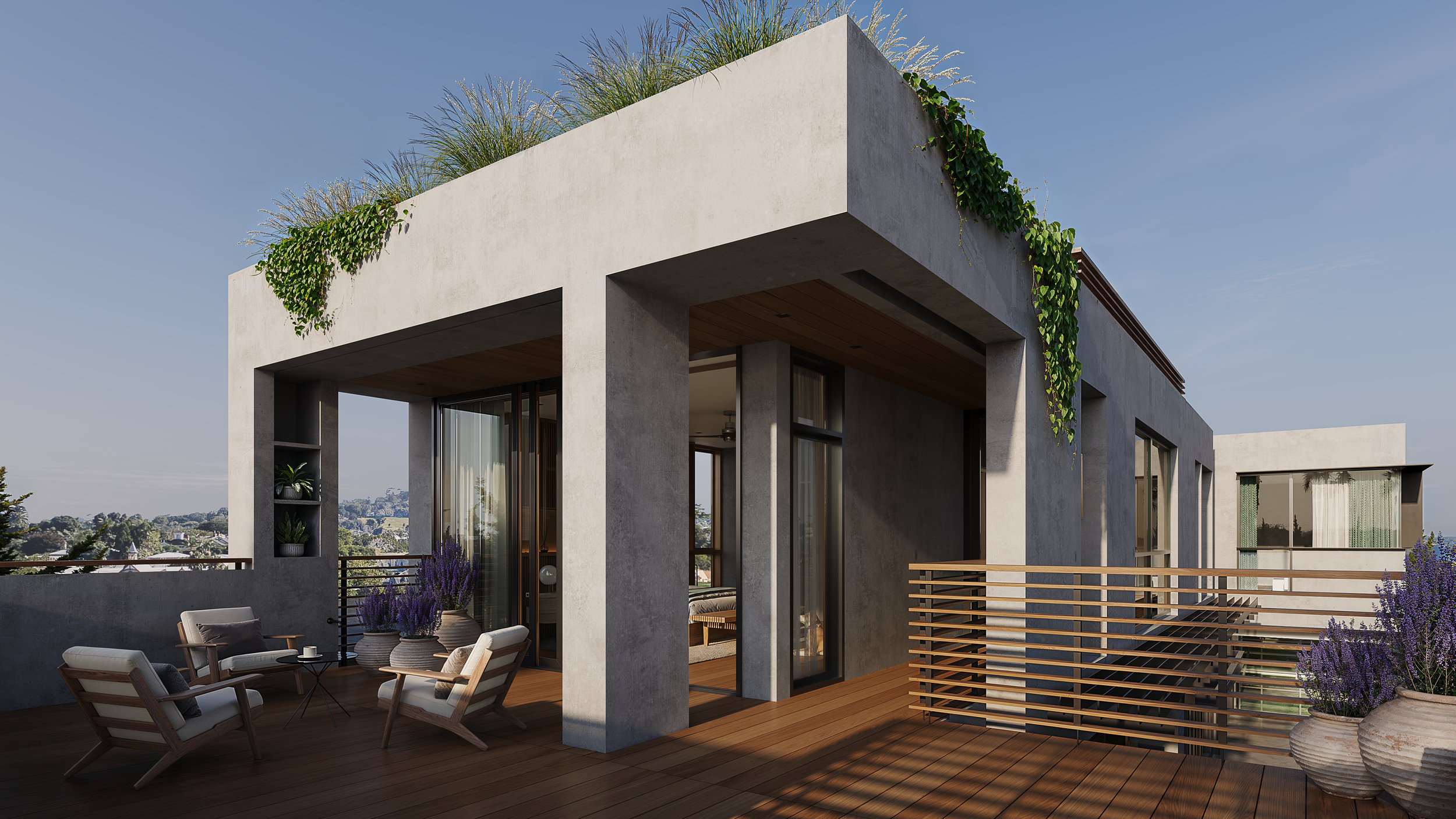Modern rooftop patio with seating area, potted plants, and view of city skyline under clear blue sky.