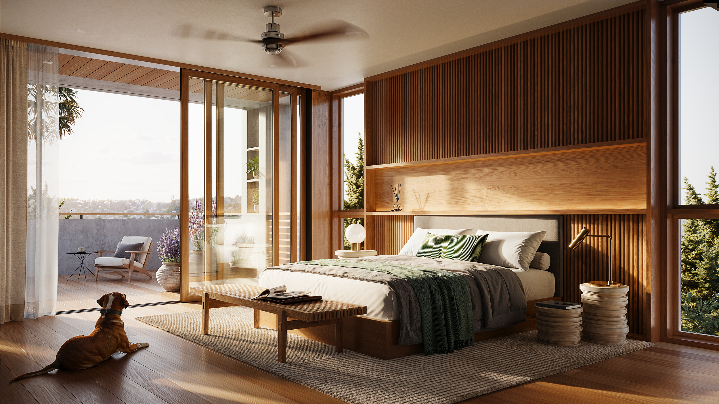 Modern bedroom with wooden accents, large windows, a bed with green and gray bedding, and a balcony with outdoor seating.