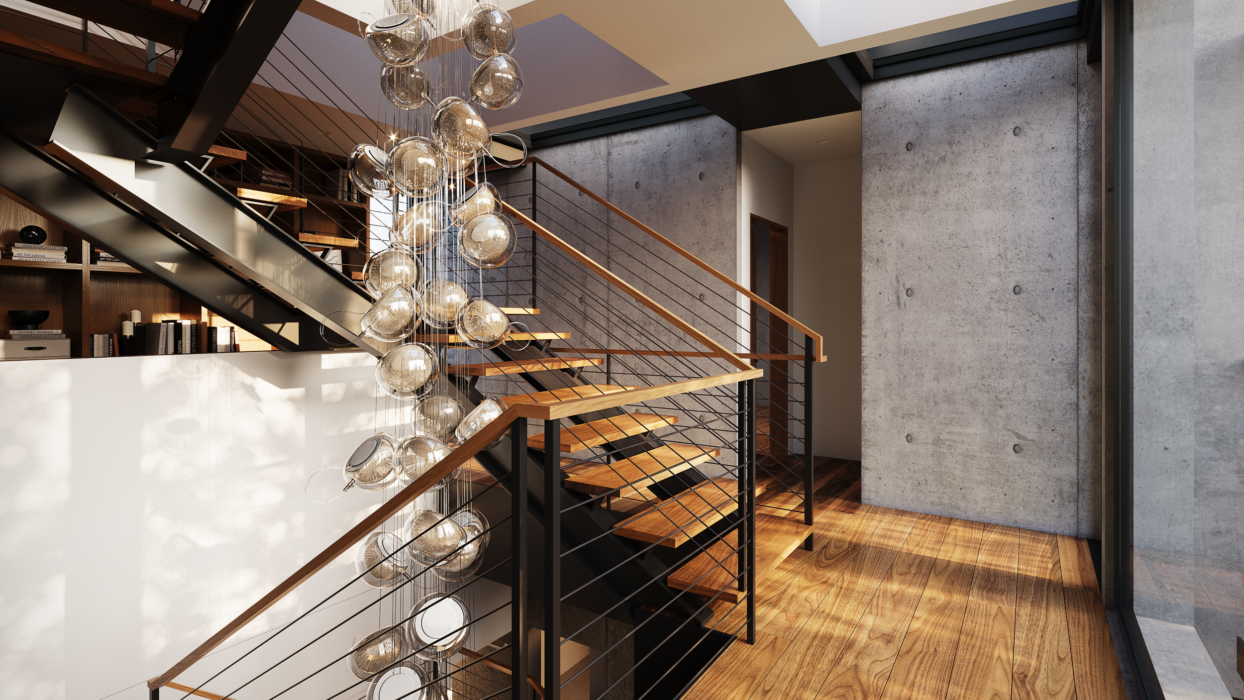 Interior view of a modern staircase with wooden steps, black metal railings, and a glass chandelier with multiple glass globes hanging from the ceiling. The staircase is beside a concrete wall with small circular indentations, and there is a large window allowing natural light into the space.