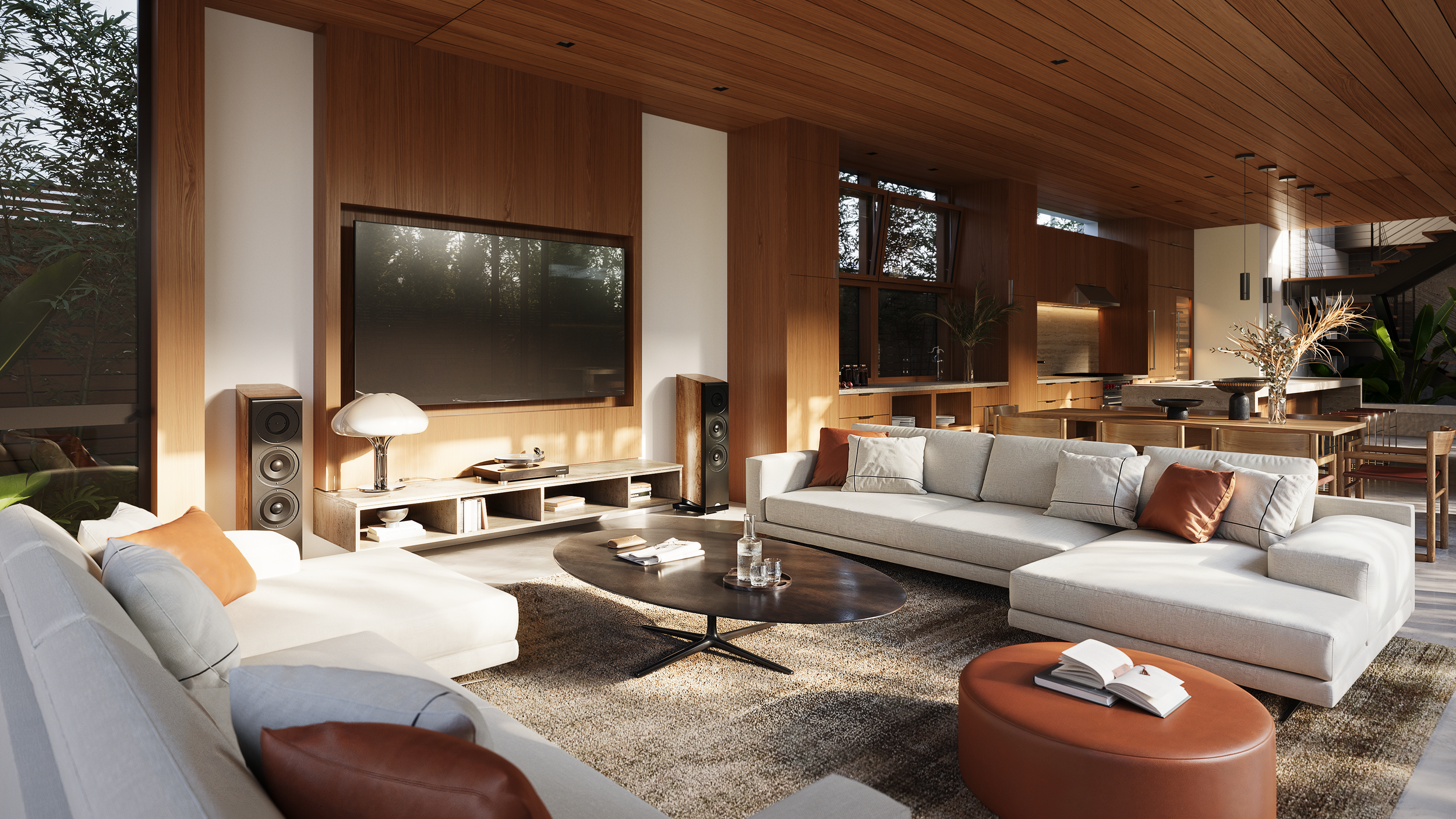 Modern living room with white sofa, orange and white pillows, wooden walls and ceiling, large windows, a TV, speakers, coffee table with drinks, and a nearby dining area with a vase of dried plants.