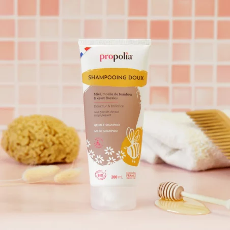 Shampoing doux certifié Bio Miel & Bambou, flacon 200ml.
