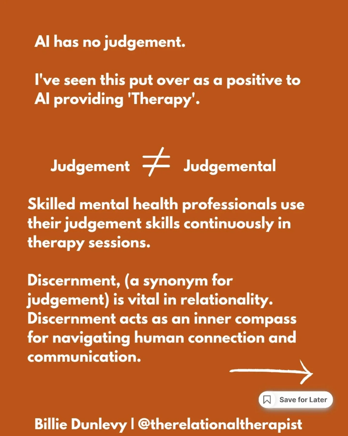 Judgement is honed through lived experience.

Do you know what hasn't lived? 🤖

#ai #openai #chatgpt #aitherapy #chattherapy #humanskills #relational #therapy #relationalskills #relationalhealing