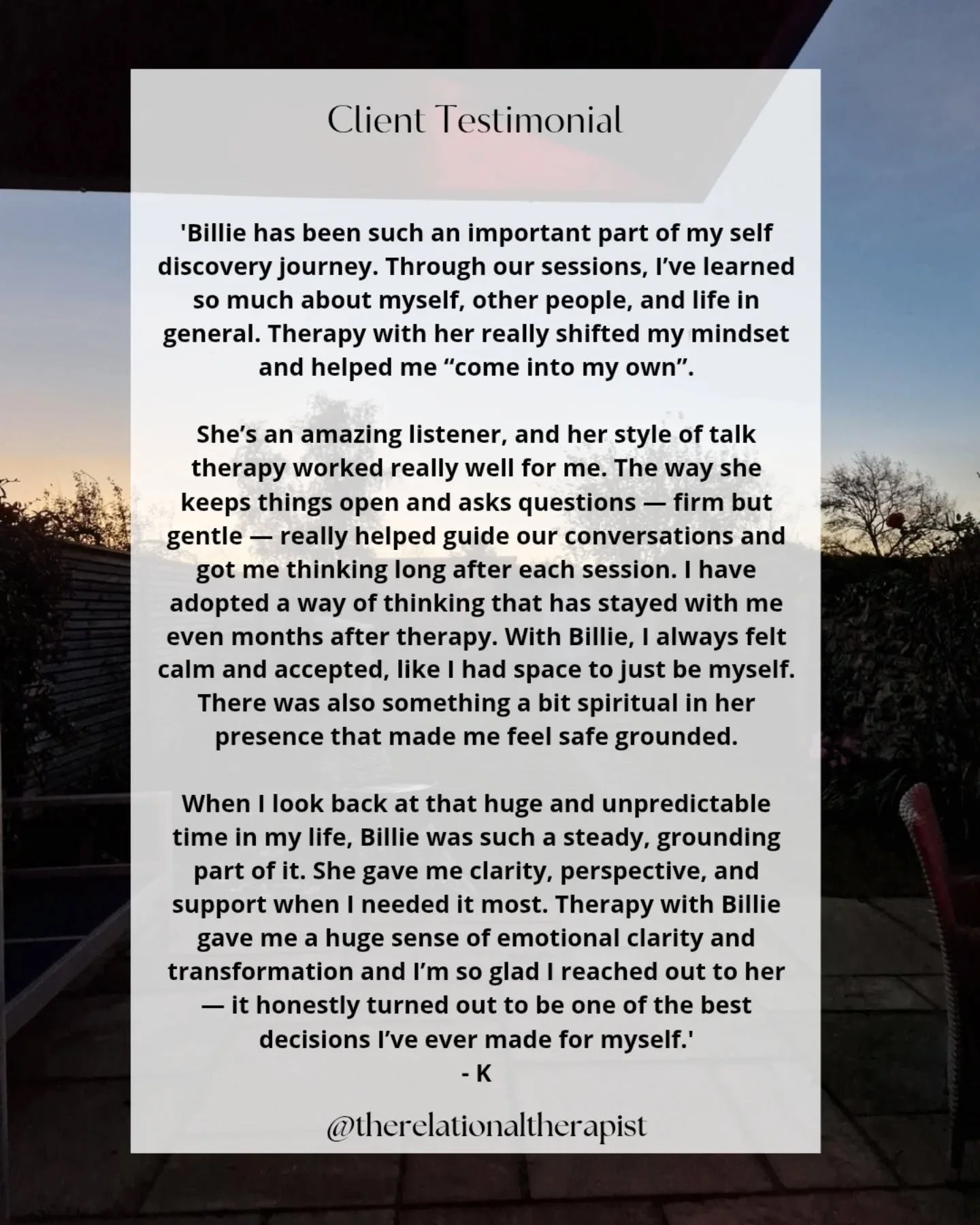 Recent client feedback 🧡

I have availability for new and returning clients in November.

📧 me to set up a free consultation call 📞 

#clienttestimonial #feedback #therapyworks #changeyourlife #therelationaltherapist #therapy