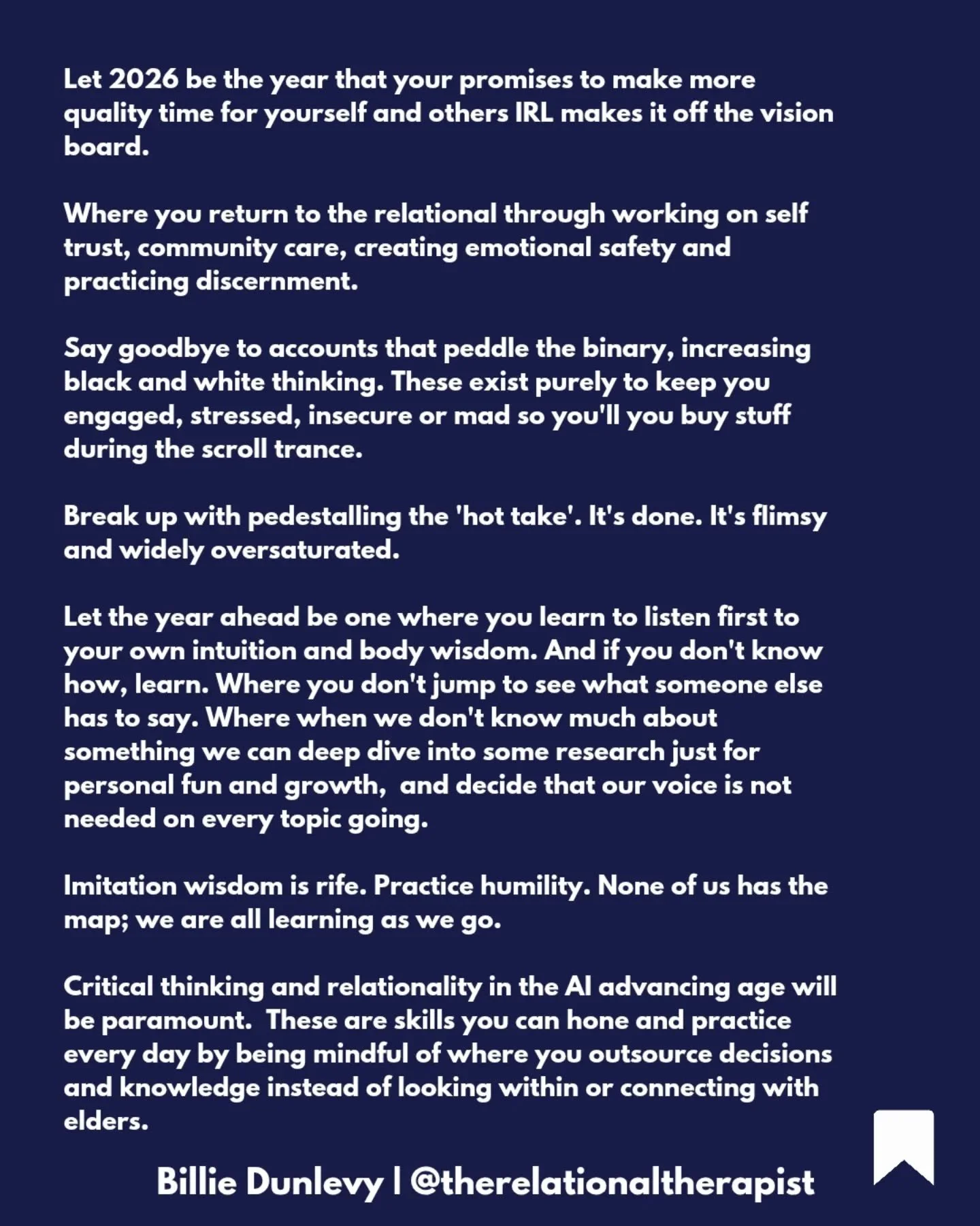 I will be mostly off socials in January, but beyond that, follow me for more ideas and guidance on returning to the relational path. 🙏🏻💙

#2026 #endofyearthoughts #whatstocome #newyear #relationalhealing #relationaltherapy #gettingoutofourownway #