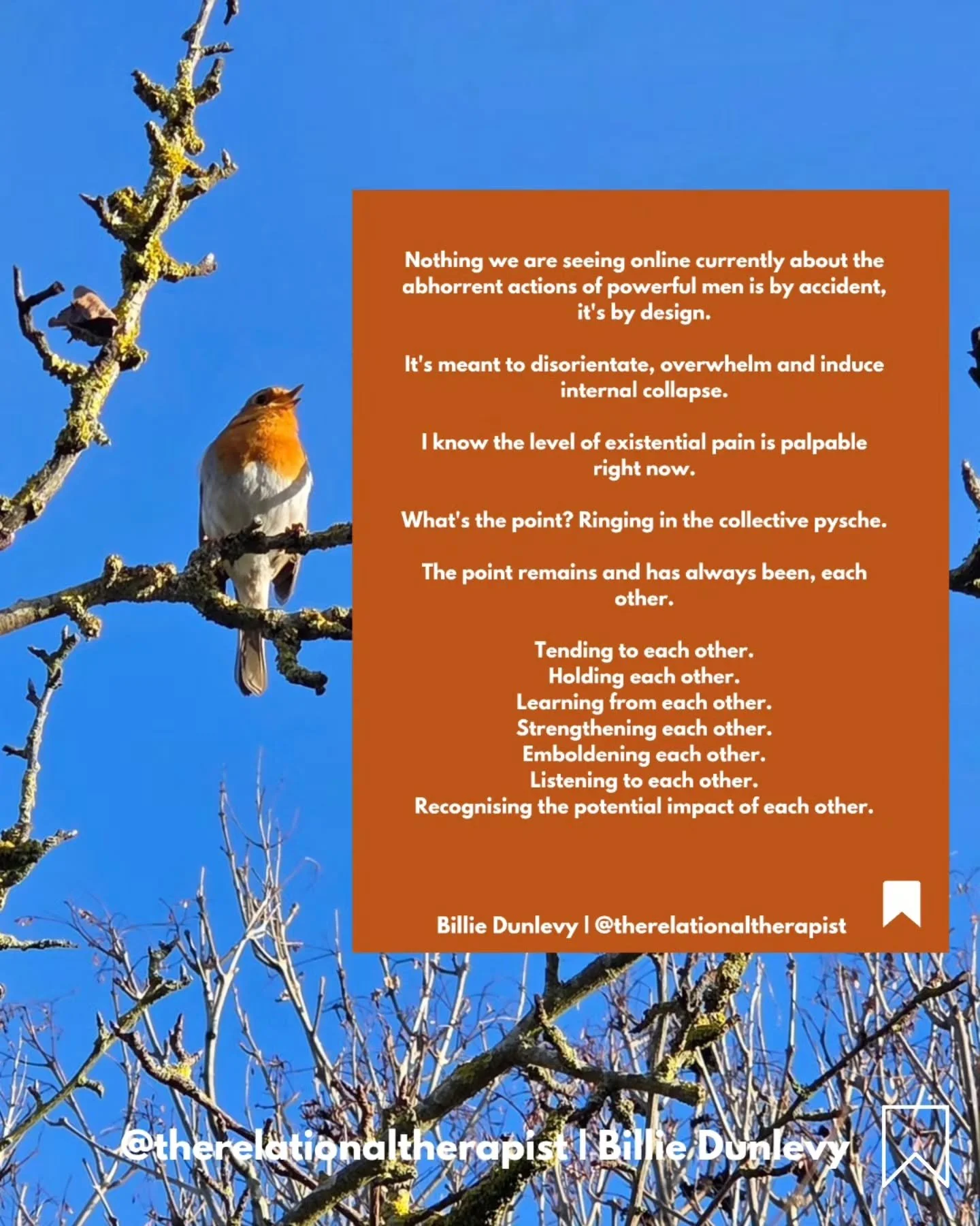 Continuously circling back to the relational and recognising we need each other, is a powerful antidote.

One to counter the intentionally manufactured - hyper individualistic, cynical, isolated and numb consumer state.

#relational #relationalhealin