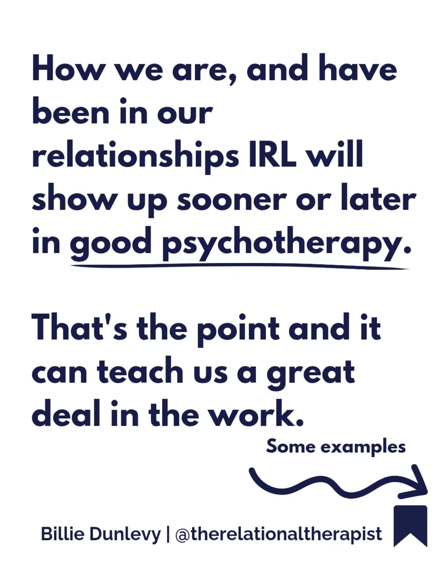 Part of the intricacies of relational work is in how your therapist experiences you and in time, perhaps exploring why that might be and where it originated.

#therapy #relationalhealing #relationalityoverconvenience #staycurious #patterns
