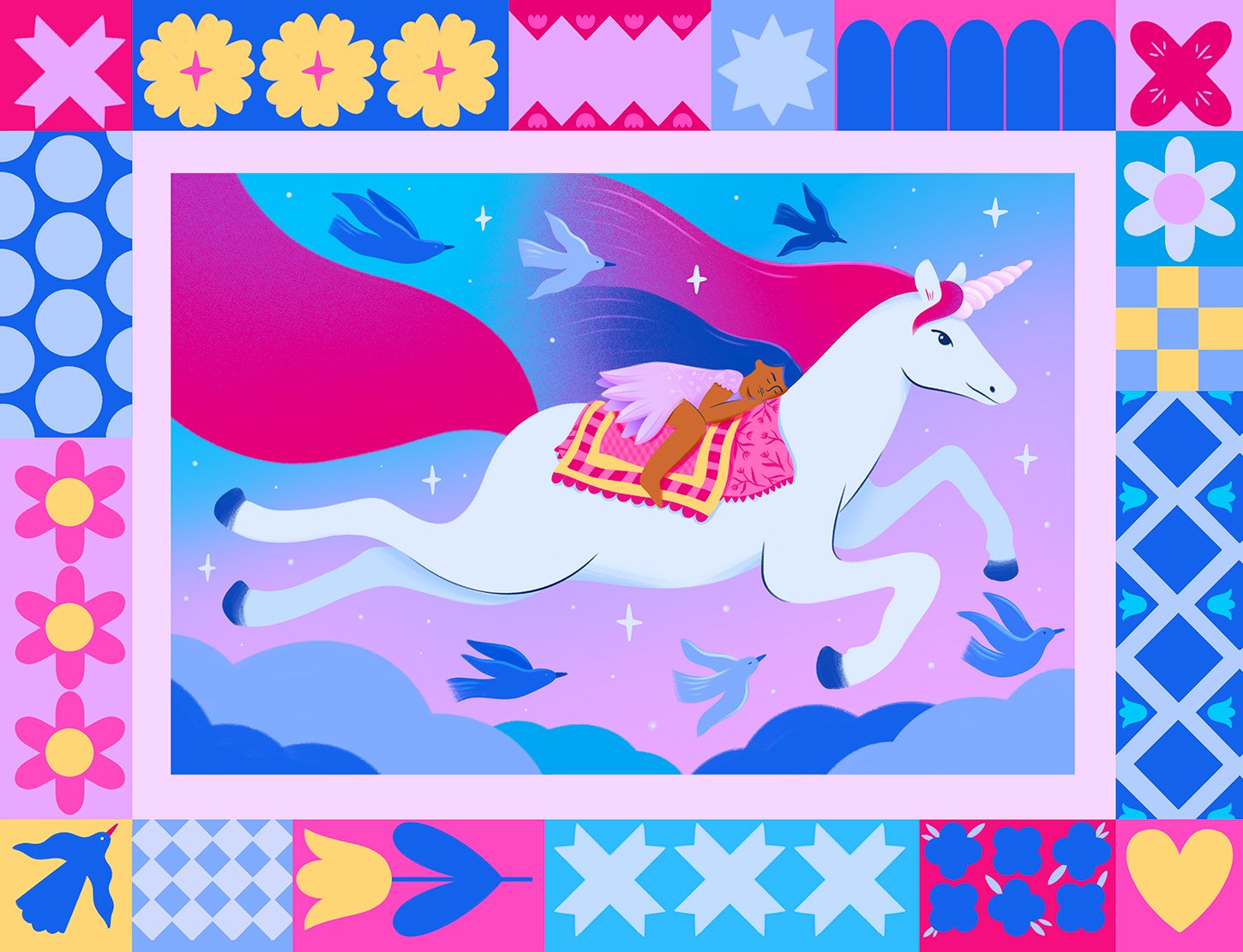 Illustration licorne et patchwork mosaiques