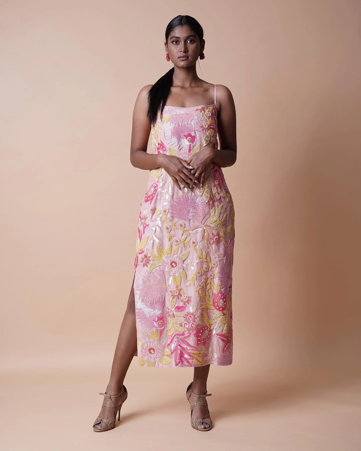 Garden of blooms in a sequinned floral dress. 
Model:- @____.ahskeemas.____ 

Photography:- @la_010875 

Stylist:- @shishushwan 

Stylist :- @thinksandhya 

#eveningwear #handmade #krishnamani