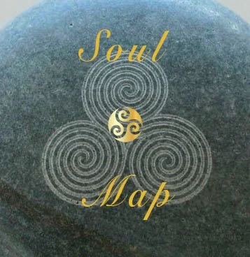 Stone with spiral patterns and 'Soul Map' text  "Soul Writing Workshop"