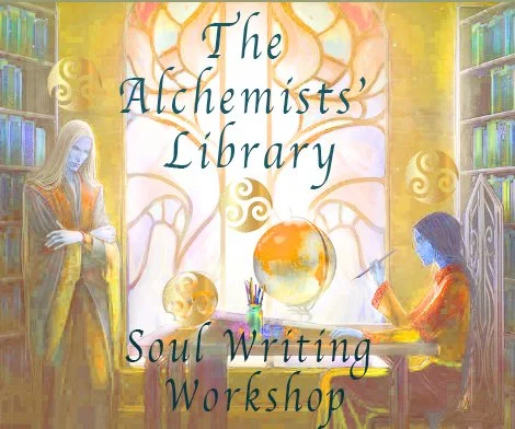 Illustrated scene of two figures in a mystical library, titled "The Alchemists' Library Soul Writing Workshop". One figure stands, while the other writes at a desk, surrounded by books and glowing orbs. Large decorative window in the background.