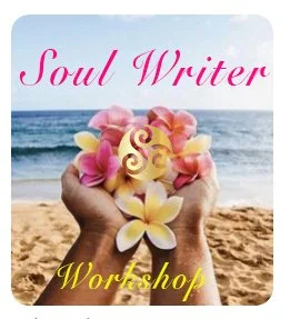 Hands holding colorful plumeria flowers with "Soul Writer Workshop" text, set against a beach and ocean backdrop.