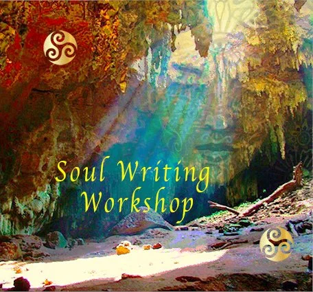 Cave interior with light rays and the text 'Soul Writing Workshop.'