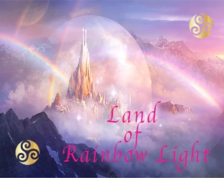 Fantasy landscape with a glowing castle surrounded by rainbow light and misty mountains, featuring the text 'Land of Rainbow Light' in pink letters, and spiral symbols in the corners.