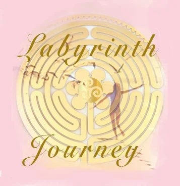Circular labyrinth design with "Labyrinth Journey" text overlay in decorative font on a pink background.