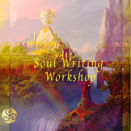 Colorful fantasy landscape with mountains and a waterfall, overlaid with the text 'Soul Writing Workshop.'