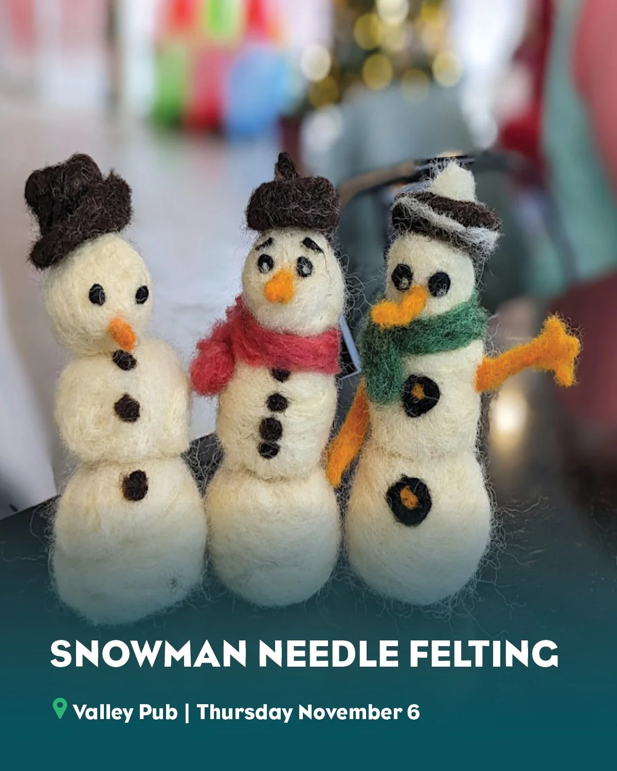 Bring the holiday magic to life ❄️✨
Join The Funky Squid for a cozy night of sip, laugh & create as you needle felt your own snowman! Taking place at the Valley Pub on November 6th and the Kalki Indian Cuisine on November 18th!
Click the Event