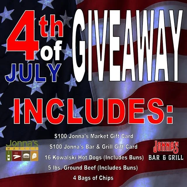 🇺🇸GIVEAWAY TIME🇺🇸
The Fourth of July is right around the corner and we are excited to celebrate with all of our Jonna&rsquo;s family!  Enter now to win the Ultimate Summer BBQ  celebration gift box...$100 gift card to both Jonna&rsquo;s Market and Jonna&rsquo;s Bar &amp; Grill, 5lbs ground beef, 16 Kowalski hot dogs, hamburger and hot dog buns and 4 bags of chips.
TO ENTER:
&bull;Follow: @jonnasmarkethowell,
@jonnasbargrill, @jonnasnewhudson
&bull;Like this post
&bull;Tag two friends
&bull;Contest ends 11:59 PM - 6/30/2020