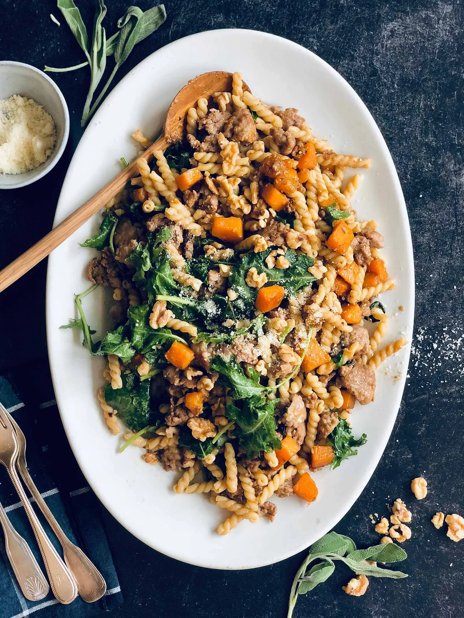 Gemelli with Butternut Squash, Sausage and Kale