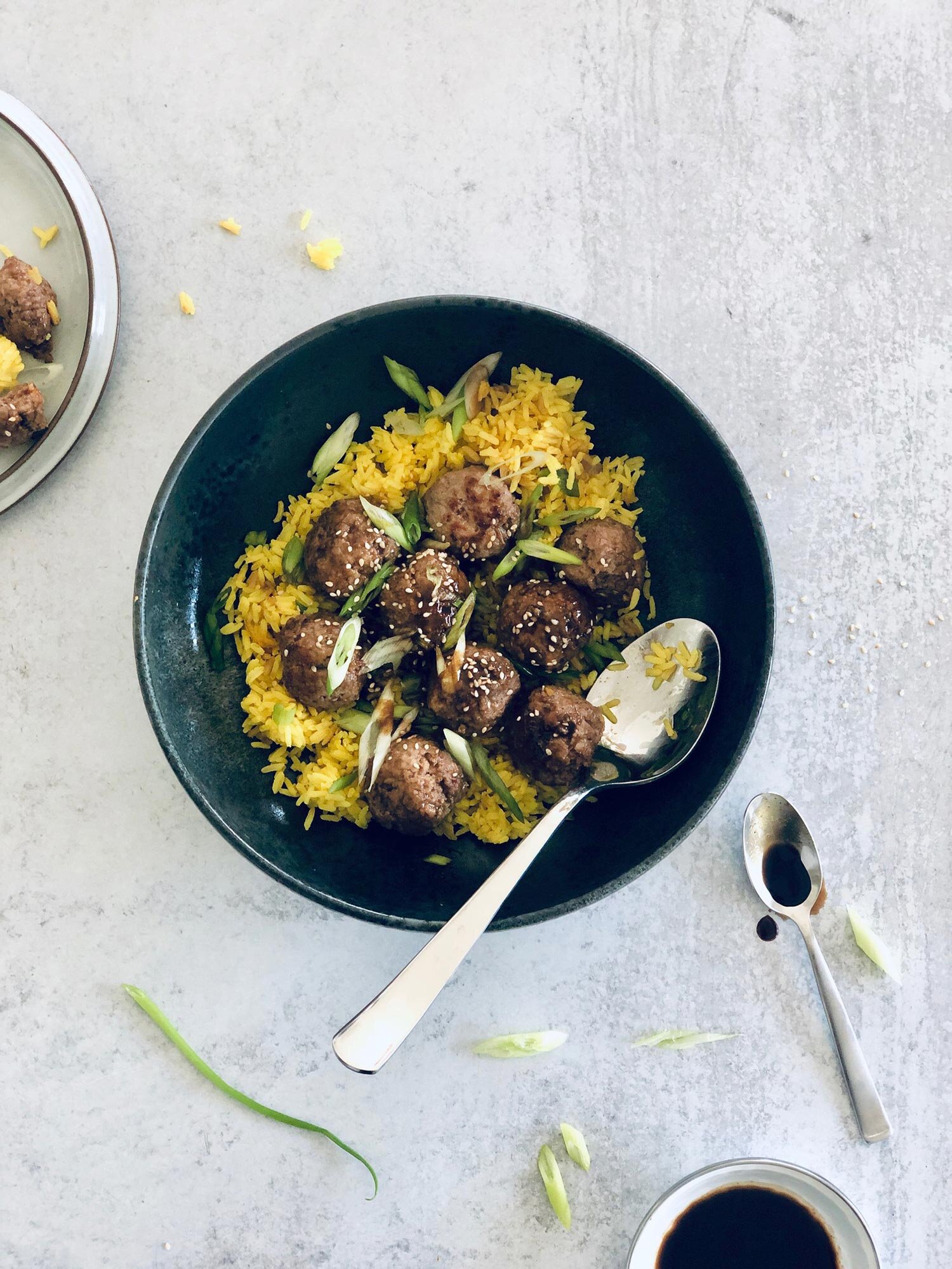 Five Spice Turkey Meatballs With Hoisin Honey Glaze And Turmeric Coconut Rice Peter Som