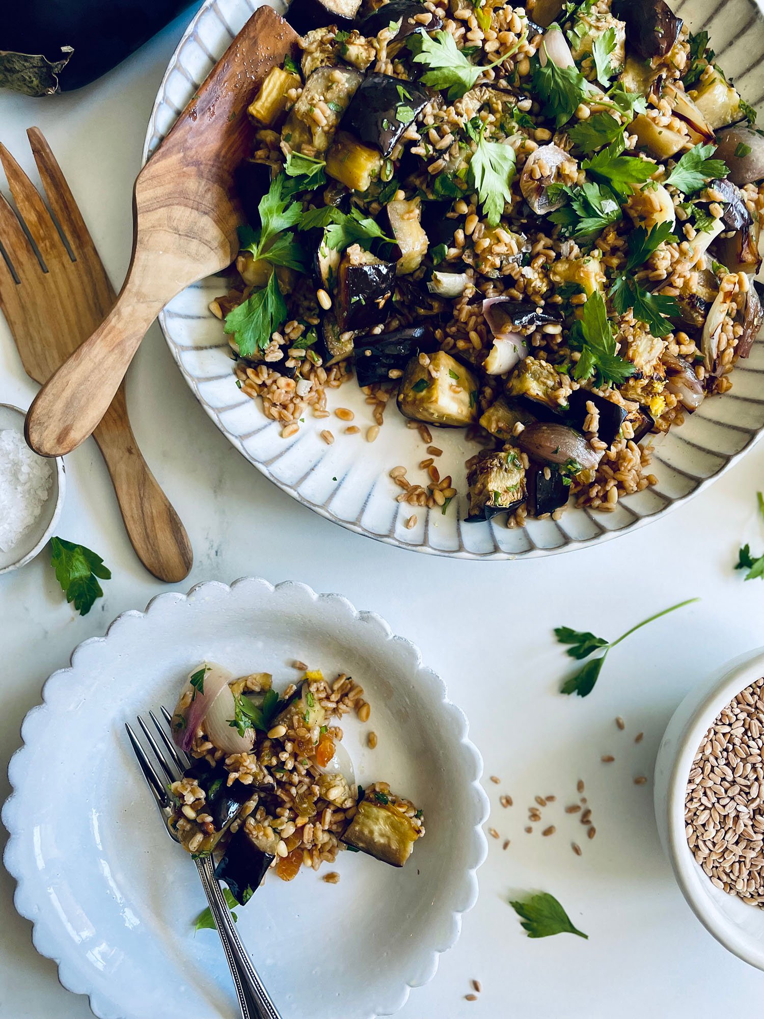 Lemony Farro with Roasted Eggplant, Shallots, and Pine Nuts Peter Som