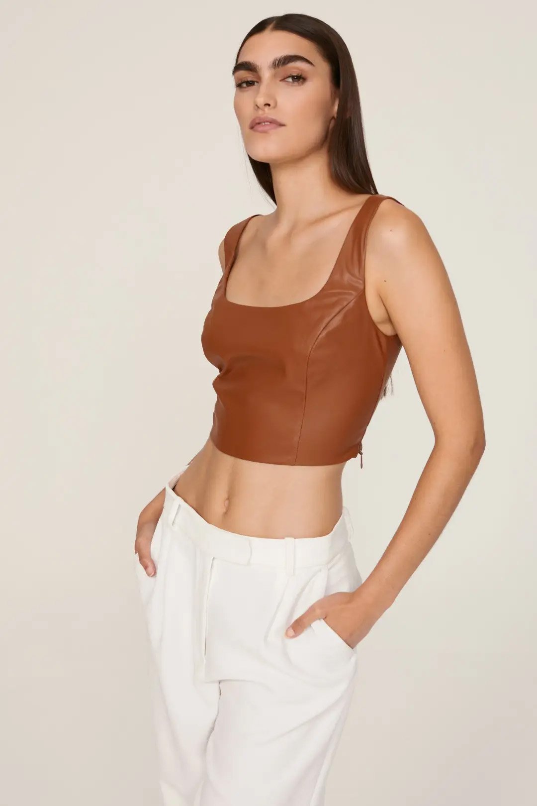 Brown Faux Leather Bustier Top Peter Som
